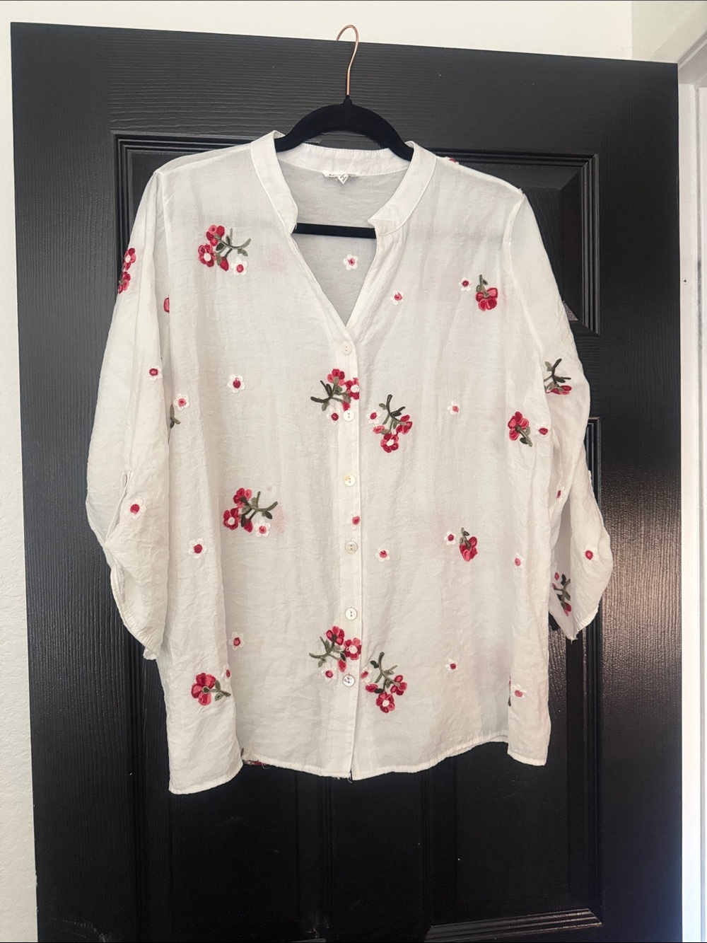 White Button-Front Blouse with Red Floral Embroidery